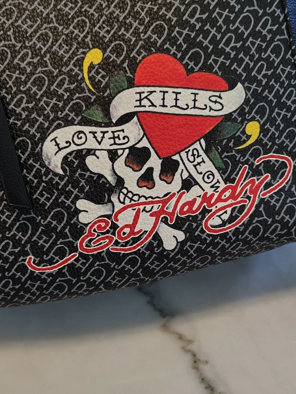 Ed Hardy Grunge Black Love Kills Slowly Rhinestone Skull & Metal Rivets Satchel